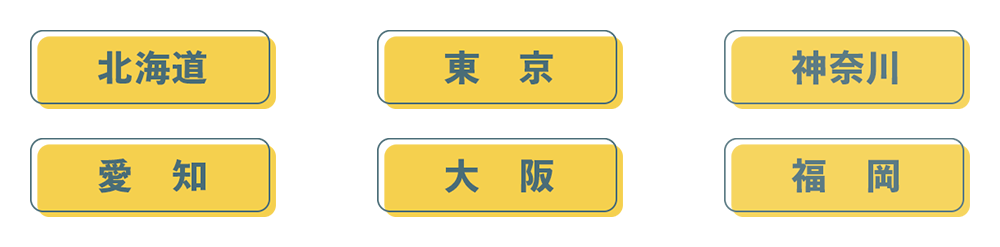 北海道、東京、神奈川、愛知、大阪、福岡